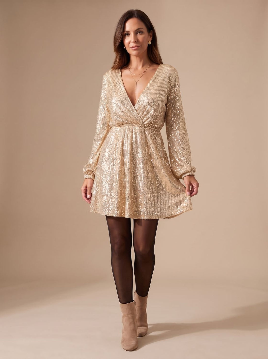 Women's Gold Sequin Long-Sleeve Wrap Mini Christmas Party Dress