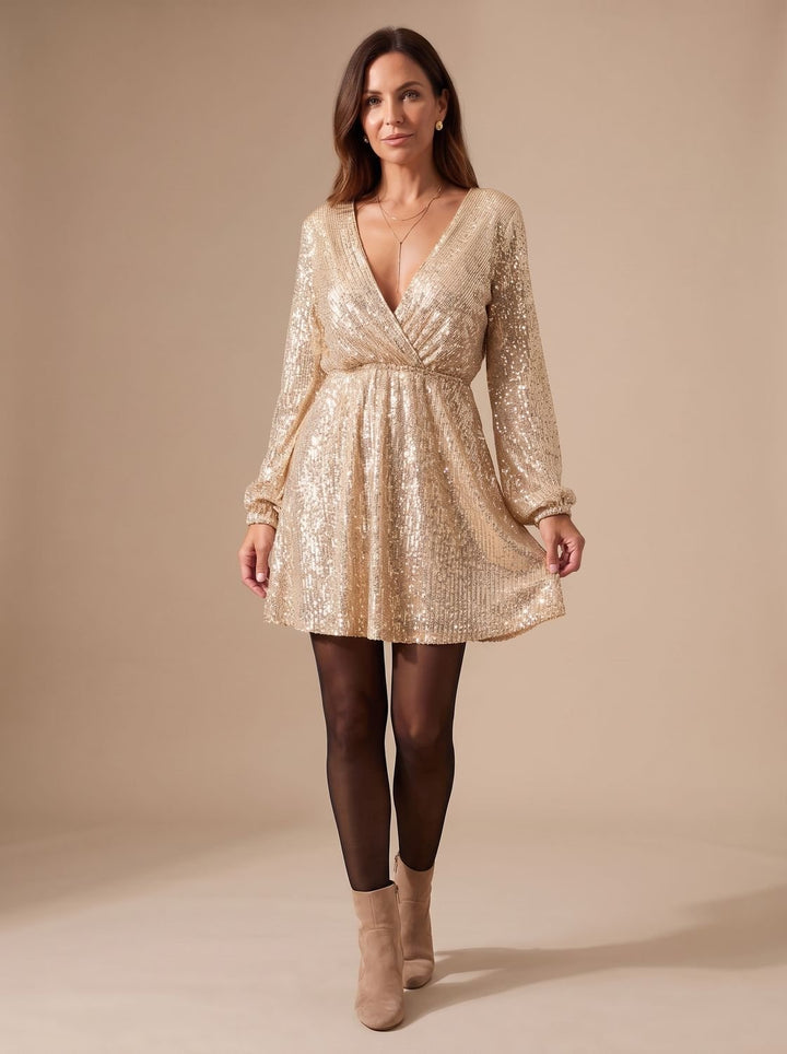 Women's Gold Sequin Long-Sleeve Wrap Mini Christmas Party Dress