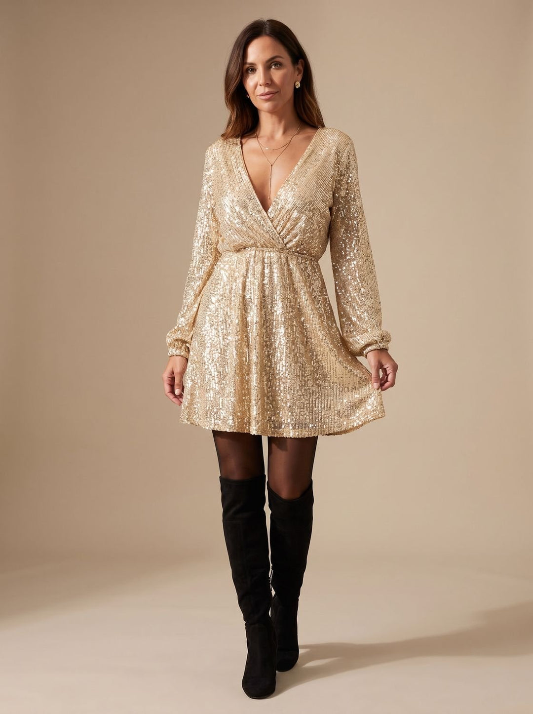 Women's Gold Sequin Long-Sleeve Wrap Mini Christmas Party Dress