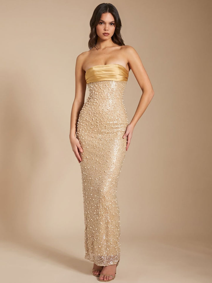 Women's Gold Sequin Strapless Maxi Dress Straight Neckline - Gold