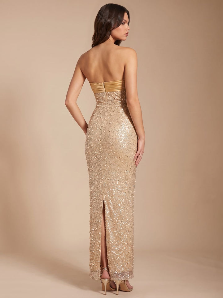 Women's Gold Sequin Strapless Maxi Dress Straight Neckline
