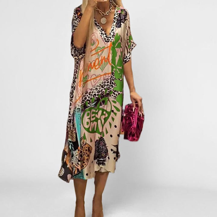 Women's Graphic Print V-Neck Loose Swing Tunic Dress