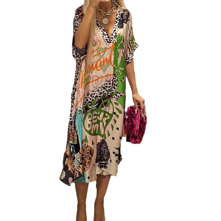 Women's Graphic Print V-Neck Loose Swing Tunic Dress