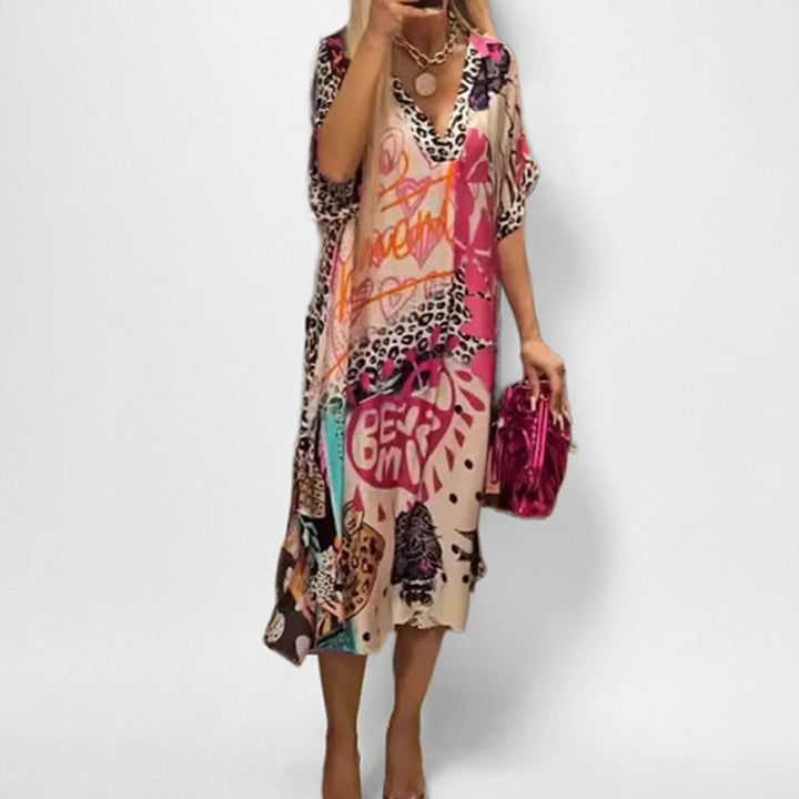 Women's Graphic Print V-Neck Loose Swing Tunic Dress - Rosa