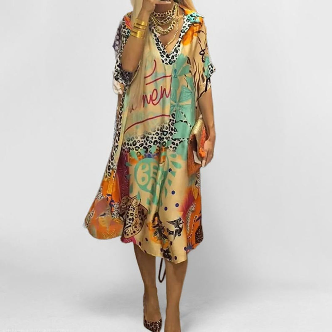 Women's Graphic Print V-Neck Loose Swing Tunic Dress - Blau