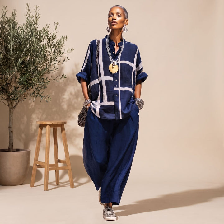 Women's Grid Print Relaxed Two Piece Set Wide-Leg Pants