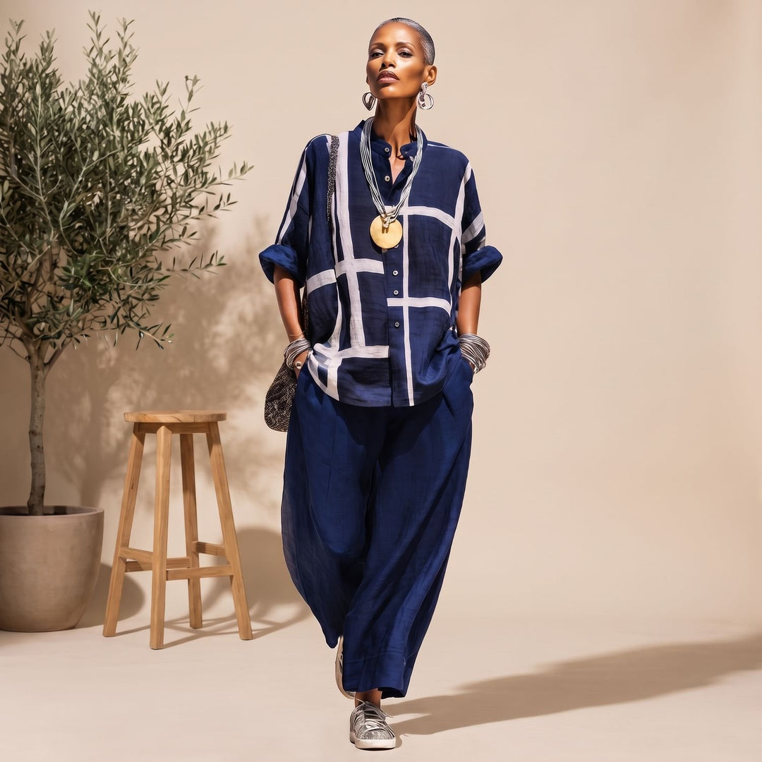 Women's Grid Print Relaxed Two Piece Set Wide-Leg Pants