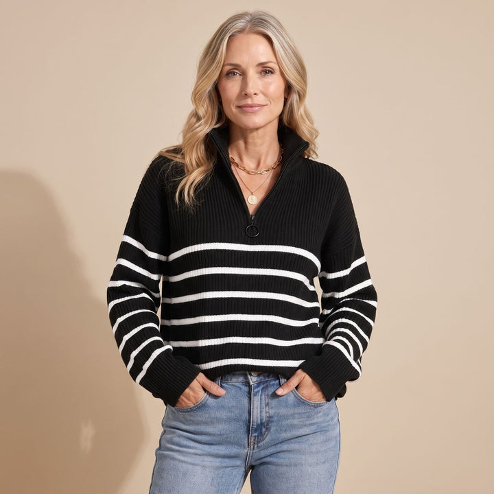 Women's Half-Zip Striped Ribbed Knit Relaxed Pullover Sweater - Black