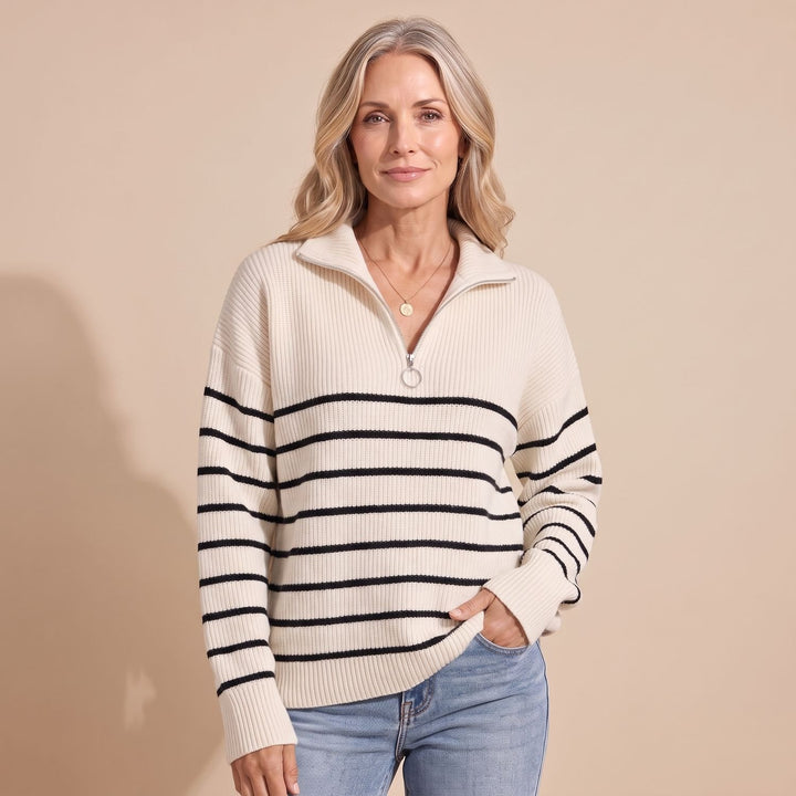 Women's Half-Zip Striped Ribbed Knit Relaxed Pullover Sweater - White