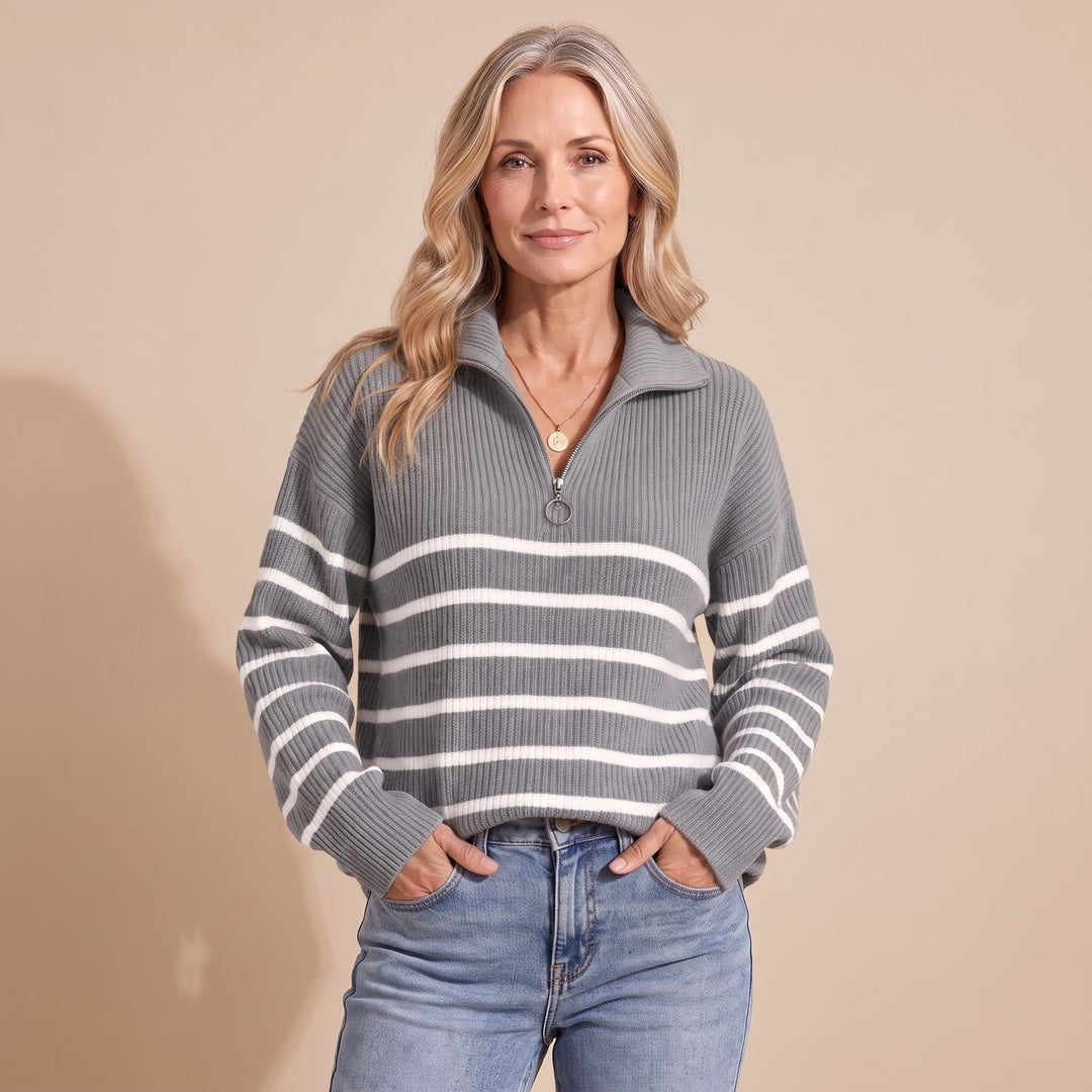 Women's Half-Zip Striped Ribbed Knit Relaxed Pullover Sweater - Grey