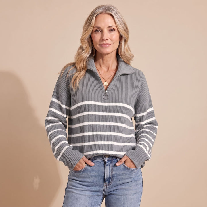 Women's Half-Zip Striped Ribbed Knit Relaxed Pullover Sweater - Grey