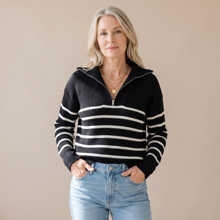 Women's Half-Zip Striped Ribbed Knit Relaxed Pullover Sweater