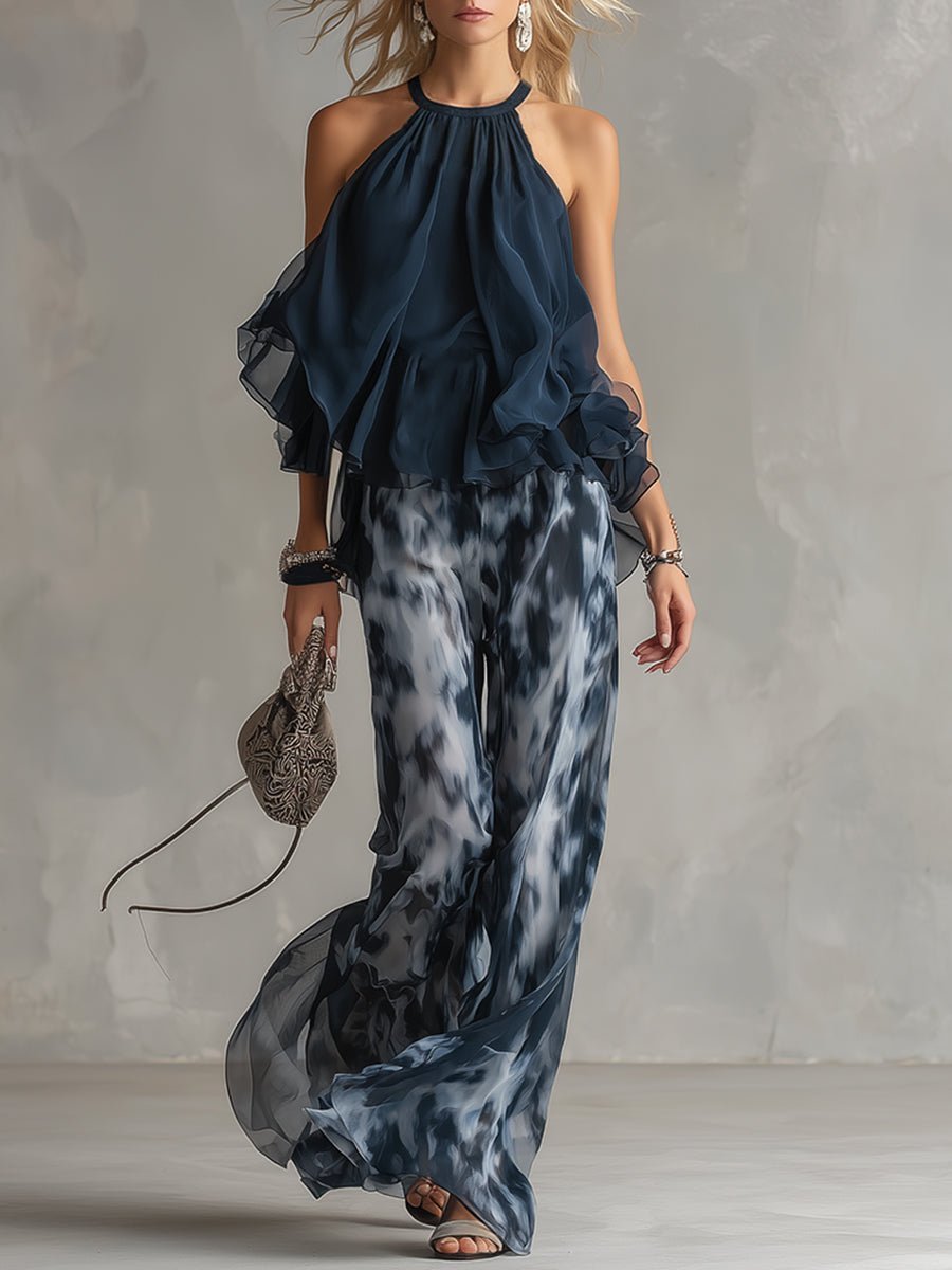 Women's Halter Neck Ruffle Blouse Wide-Leg Pants Two-Piece Set - Marineblauw