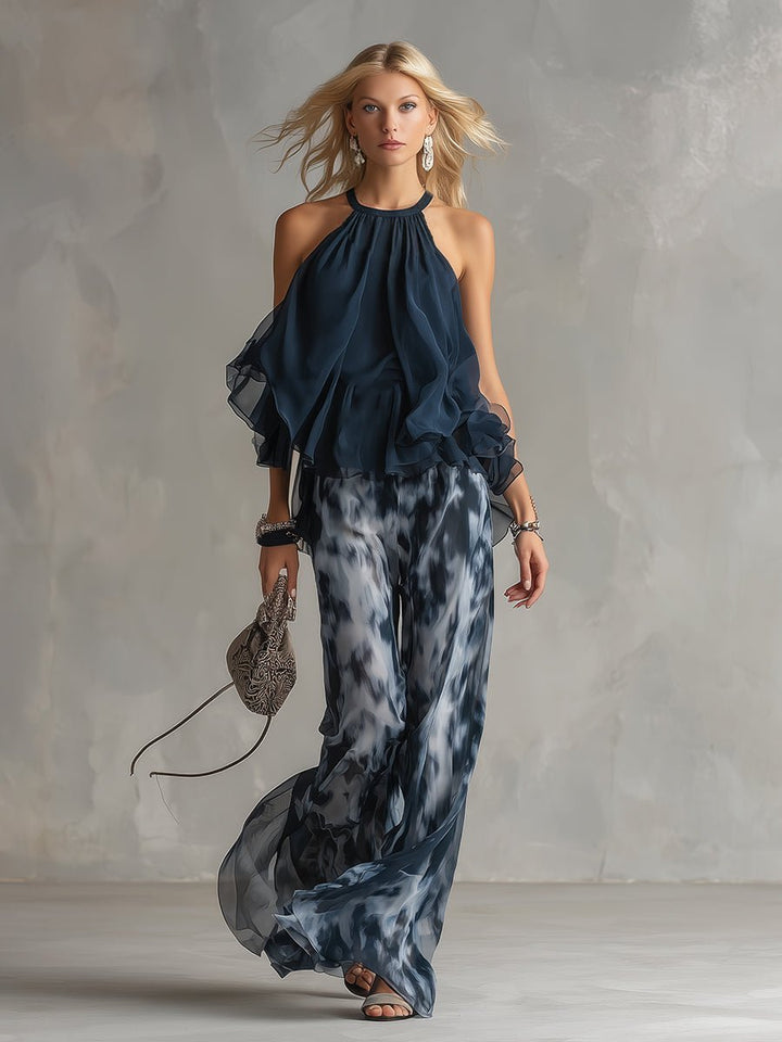 Women's Halter Neck Ruffle Blouse Wide-Leg Pants Two-Piece Set