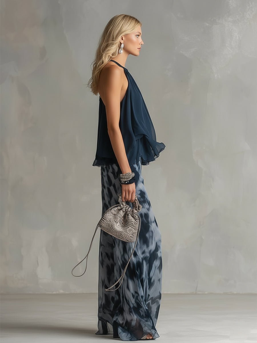 Women's Halter Neck Ruffle Blouse Wide-Leg Pants Two-Piece Set