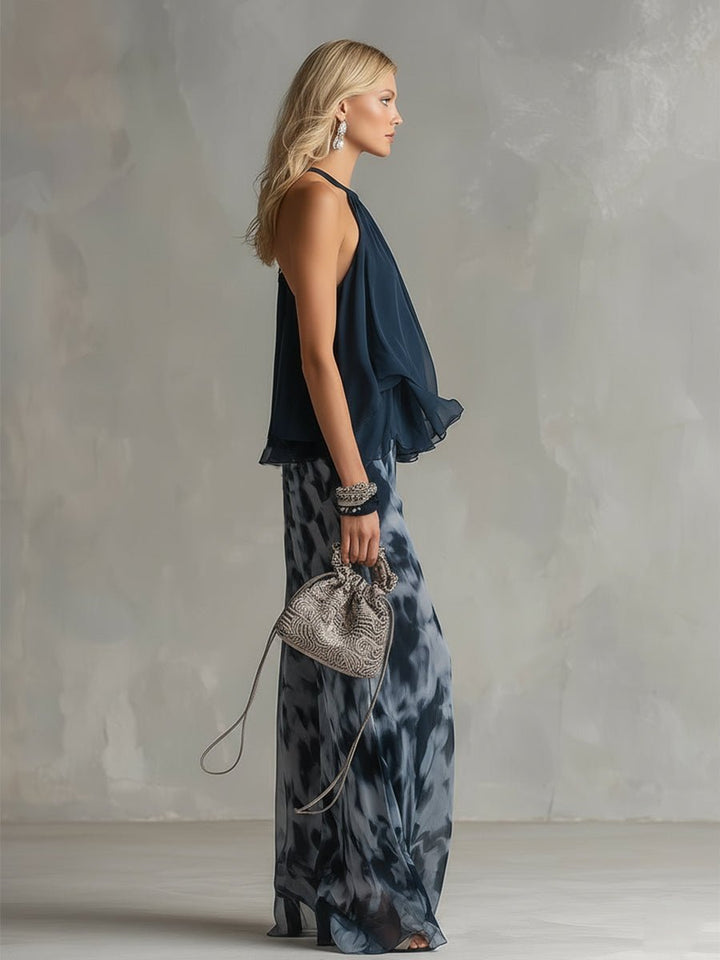 Women's Halter Neck Ruffle Blouse Wide-Leg Pants Two-Piece Set