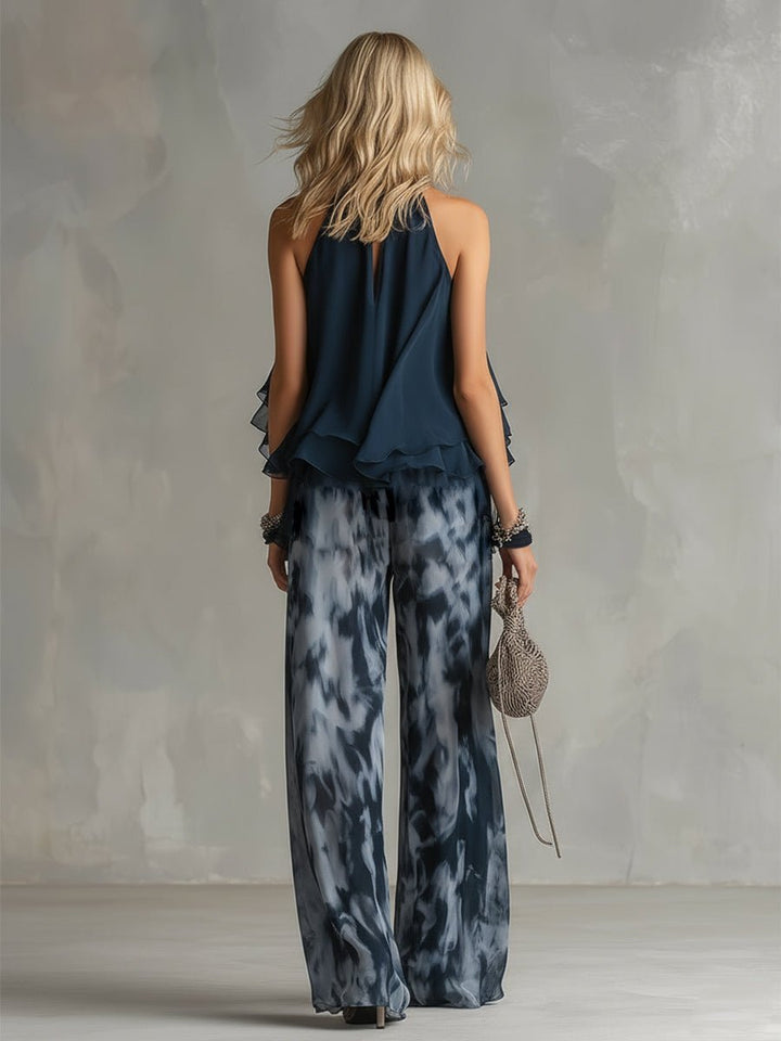Women's Halter Neck Ruffle Blouse Wide-Leg Pants Two-Piece Set