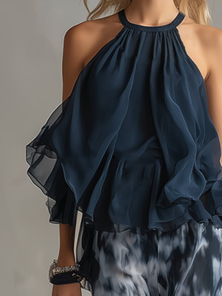 Women's Halter Neck Ruffle Blouse Wide-Leg Pants Two-Piece Set