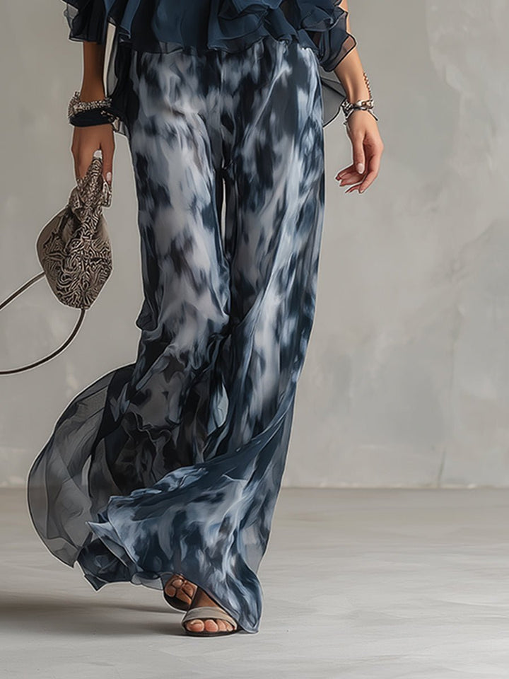 Women's Halter Neck Ruffle Blouse Wide-Leg Pants Two-Piece Set