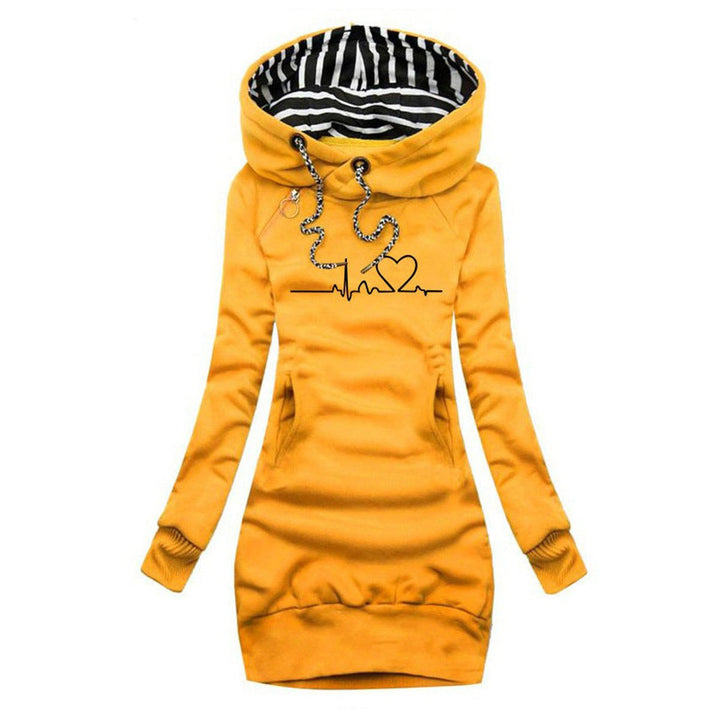 Women's Heartbeat Print Hoodie Long Sleeve Dress Drawstring Pullover - Yellow