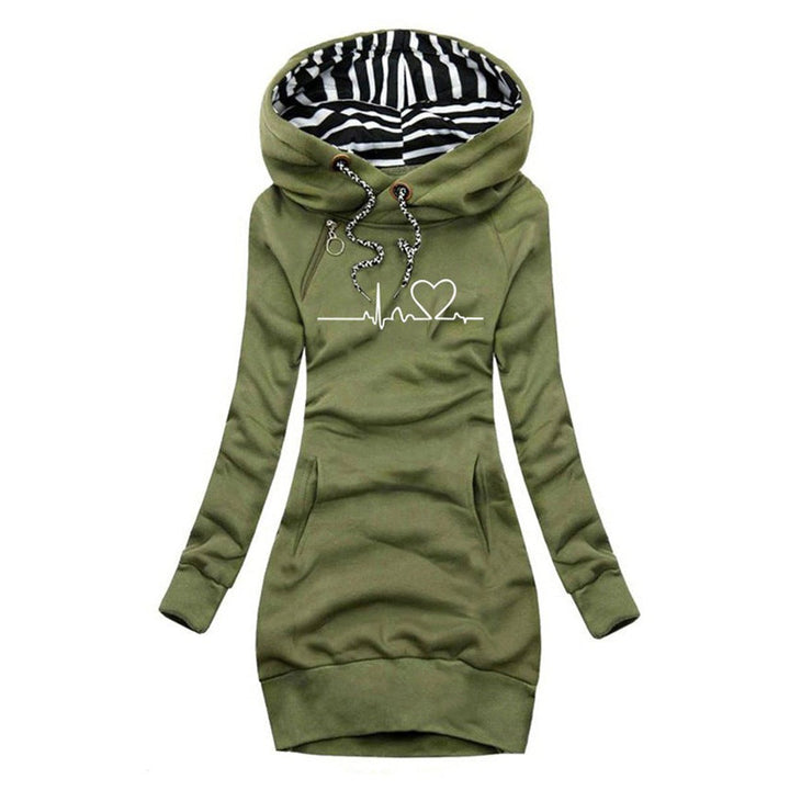 Women's Heartbeat Print Hoodie Long Sleeve Dress Drawstring Pullover - Green