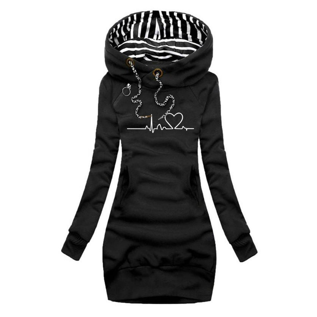 Women's Heartbeat Print Hoodie Long Sleeve Dress Drawstring Pullover - Black