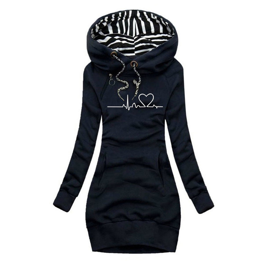 Women's Heartbeat Print Hoodie Long Sleeve Dress Drawstring Pullover - Blue