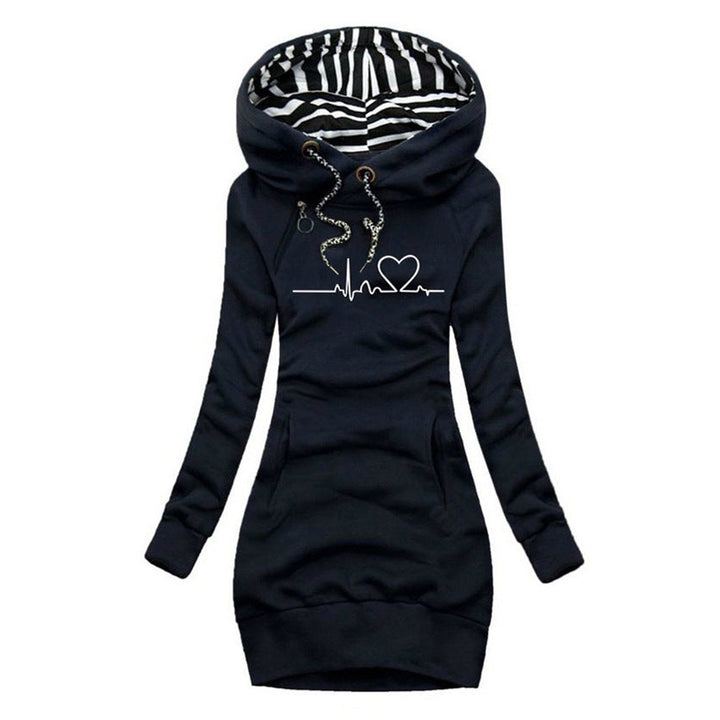Women's Heartbeat Print Hoodie Long Sleeve Dress Drawstring Pullover - Blue
