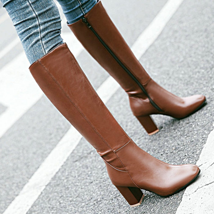 Women's High Heel Knee Boots Block Heel Side-Zip Tall Riding Boot