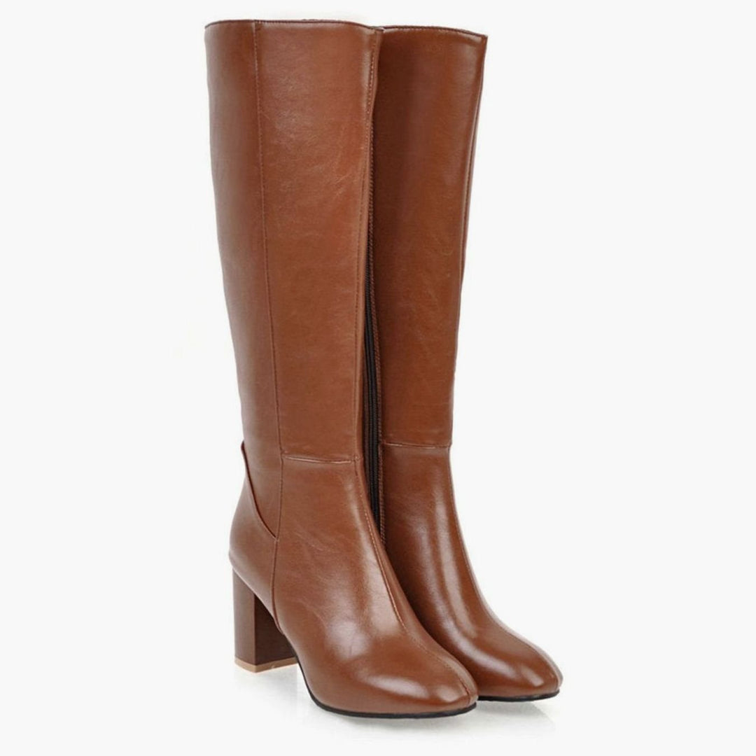 Women's High Heel Knee Boots Block Heel Side-Zip Tall Riding Boot