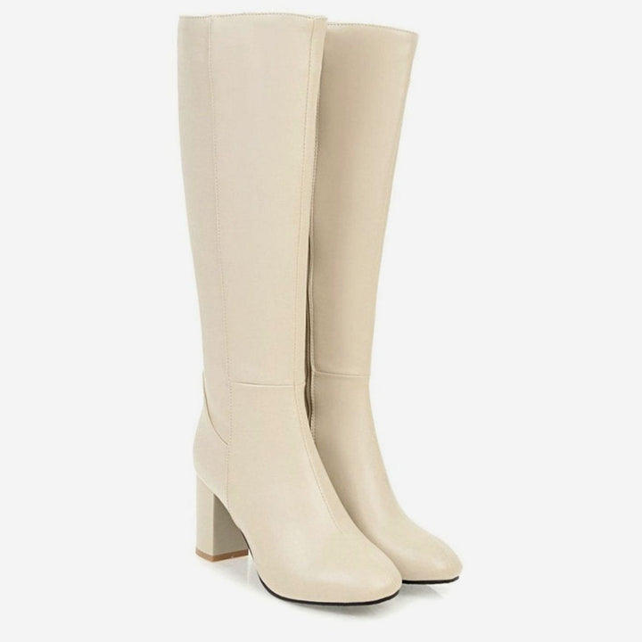 Women's High Heel Knee Boots Block Heel Side-Zip Tall Riding Boot - Beige