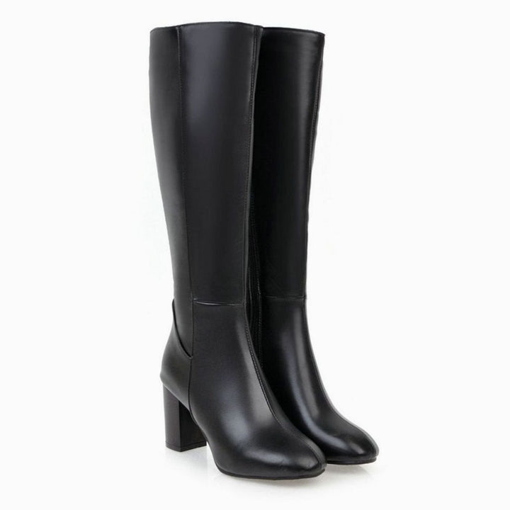 Women's High Heel Knee Boots Block Heel Side-Zip Tall Riding Boot - Black