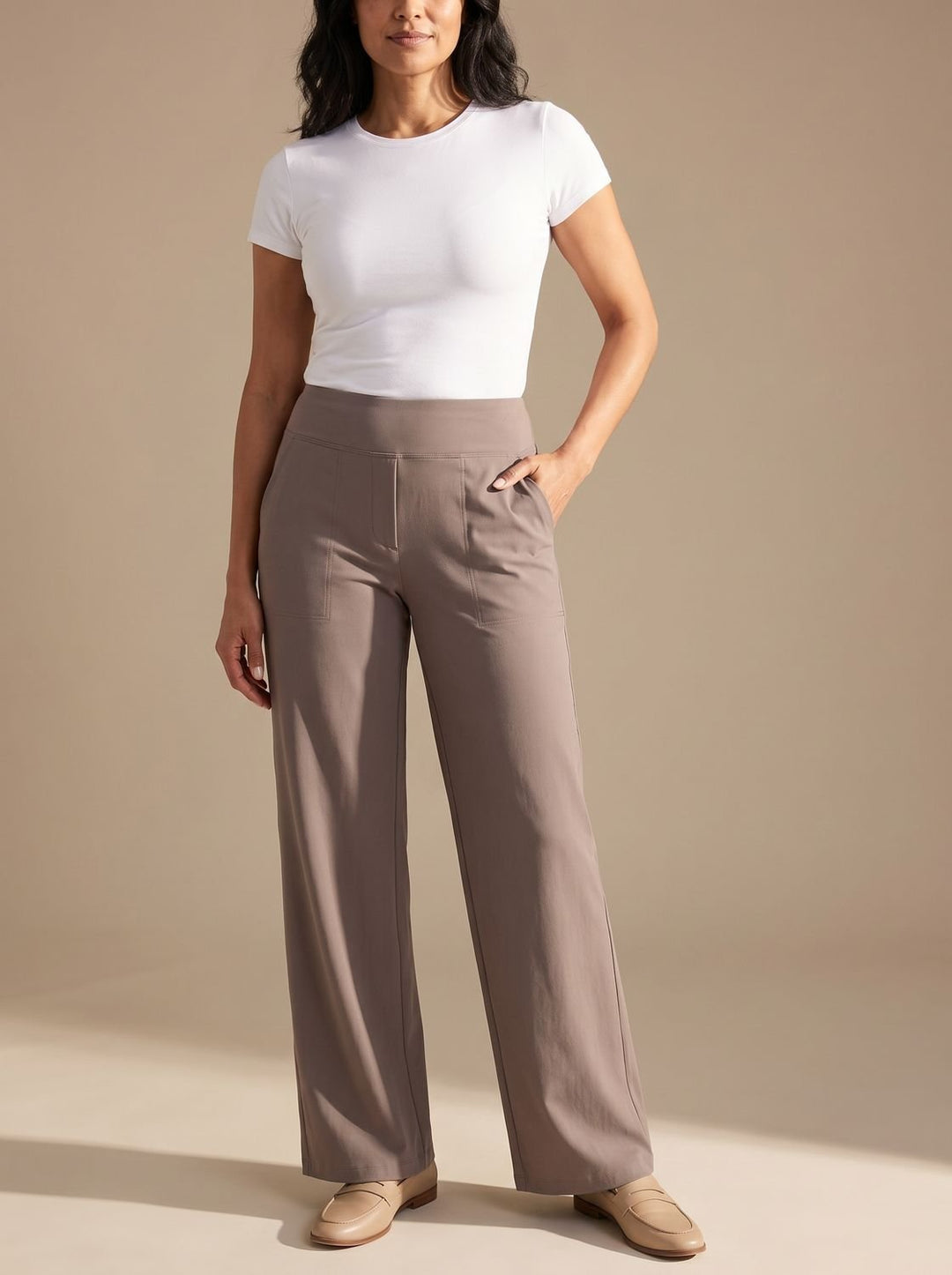 Women's High-Waist Dressy Wide-Leg Trousers with Pockets - Taupe