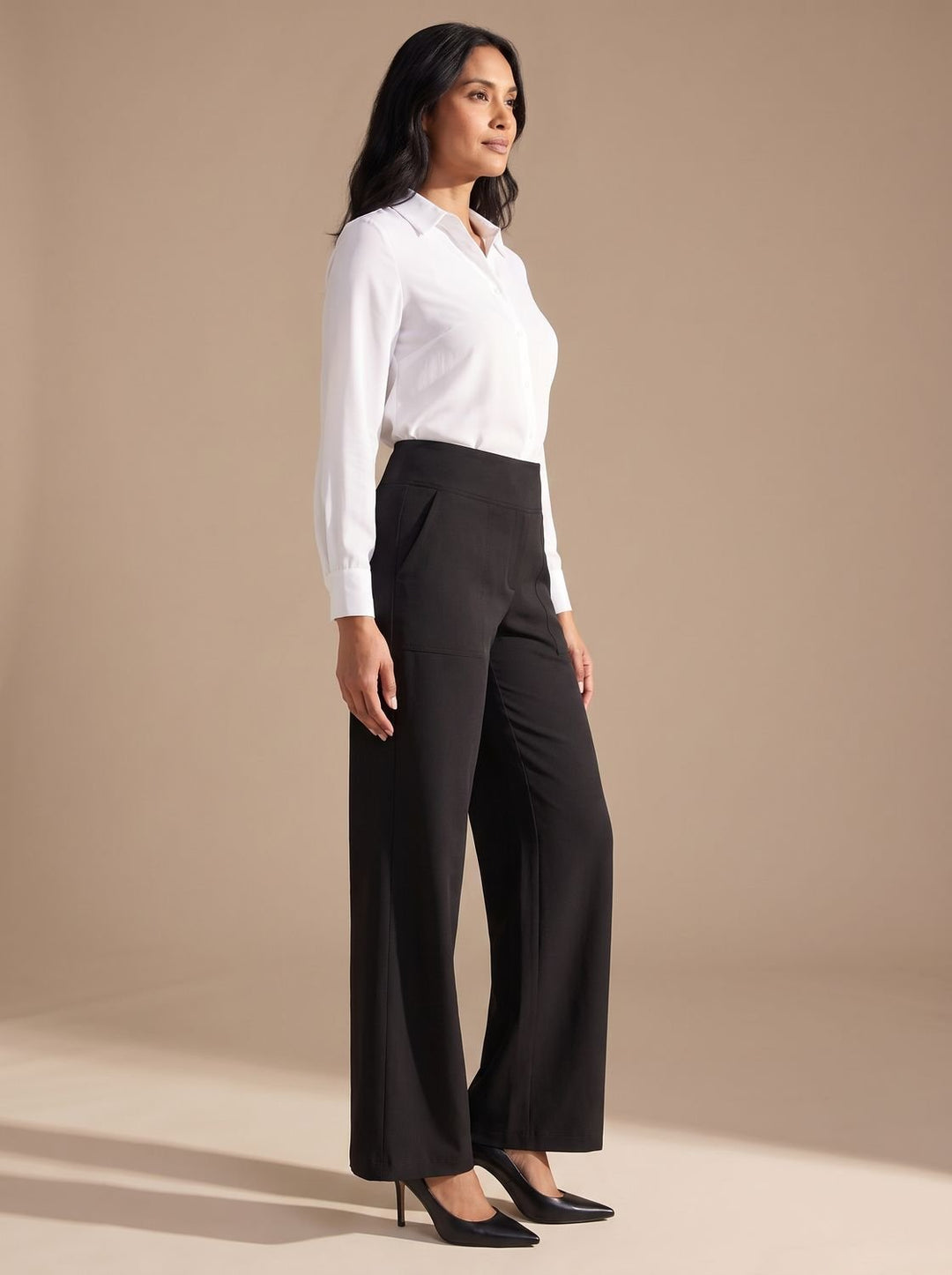 Women's High-Waist Dressy Wide-Leg Trousers with Pockets - Black