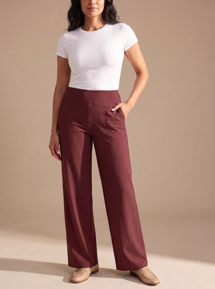 Women's High-Waist Dressy Wide-Leg Trousers with Pockets - Red