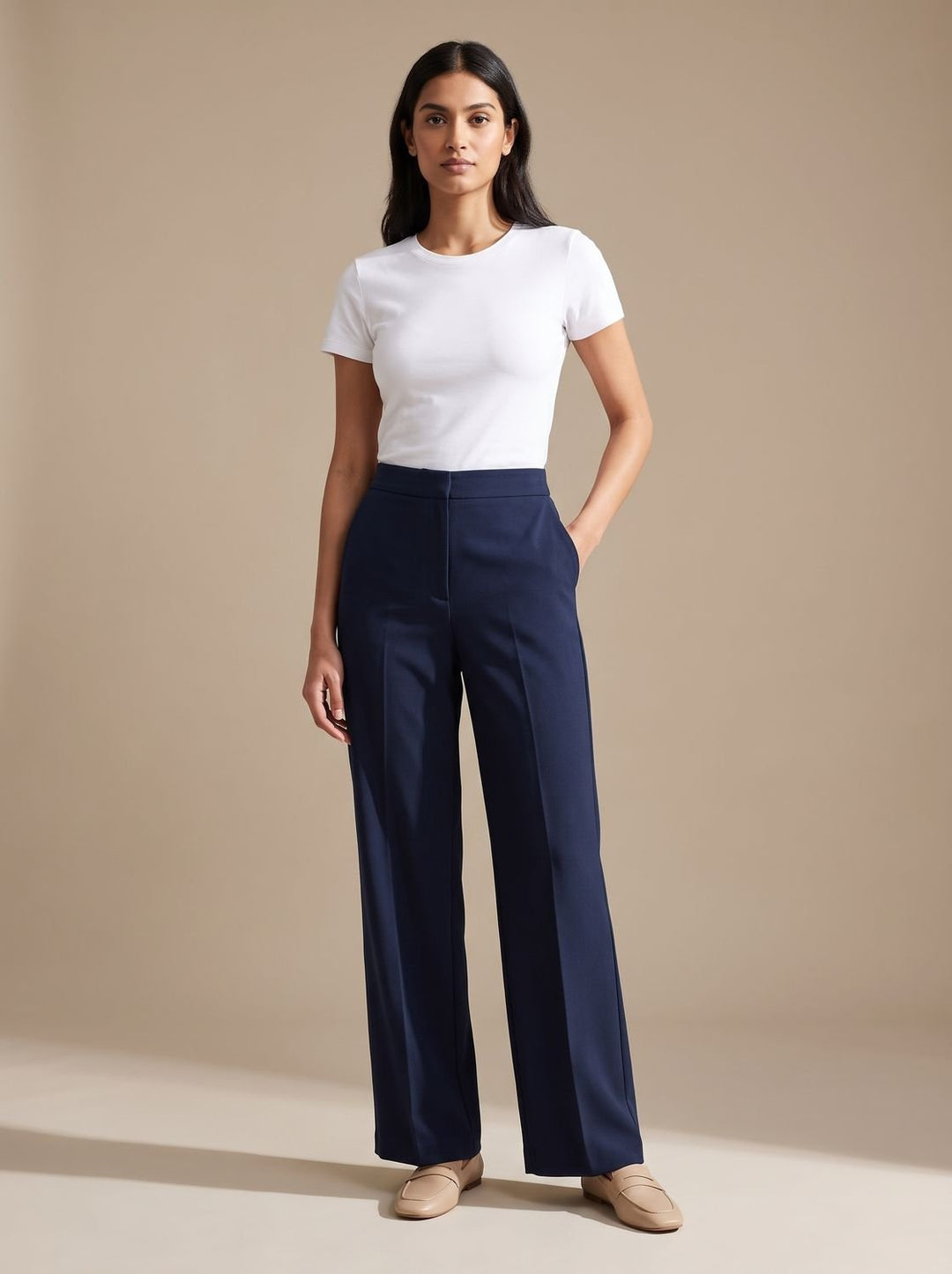Women's High-Waist Dressy Wide-Leg Trousers with Pockets - Blue