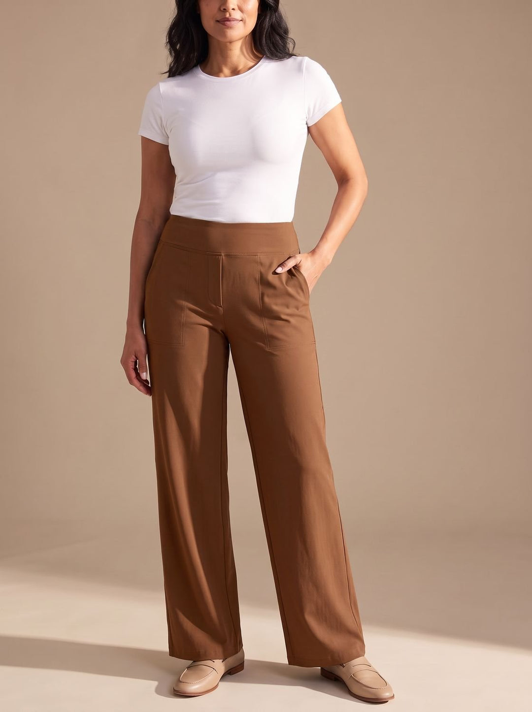 Women's High-Waist Dressy Wide-Leg Trousers with Pockets - Brown