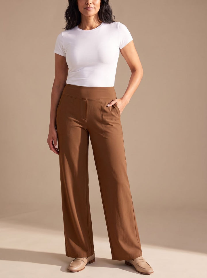 Women's High-Waist Dressy Wide-Leg Trousers with Pockets - Brown