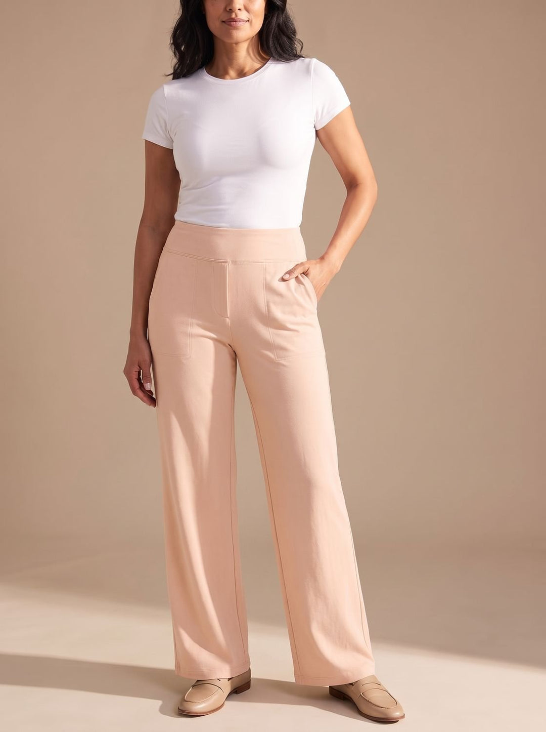 Women's High-Waist Dressy Wide-Leg Trousers with Pockets - Apricot