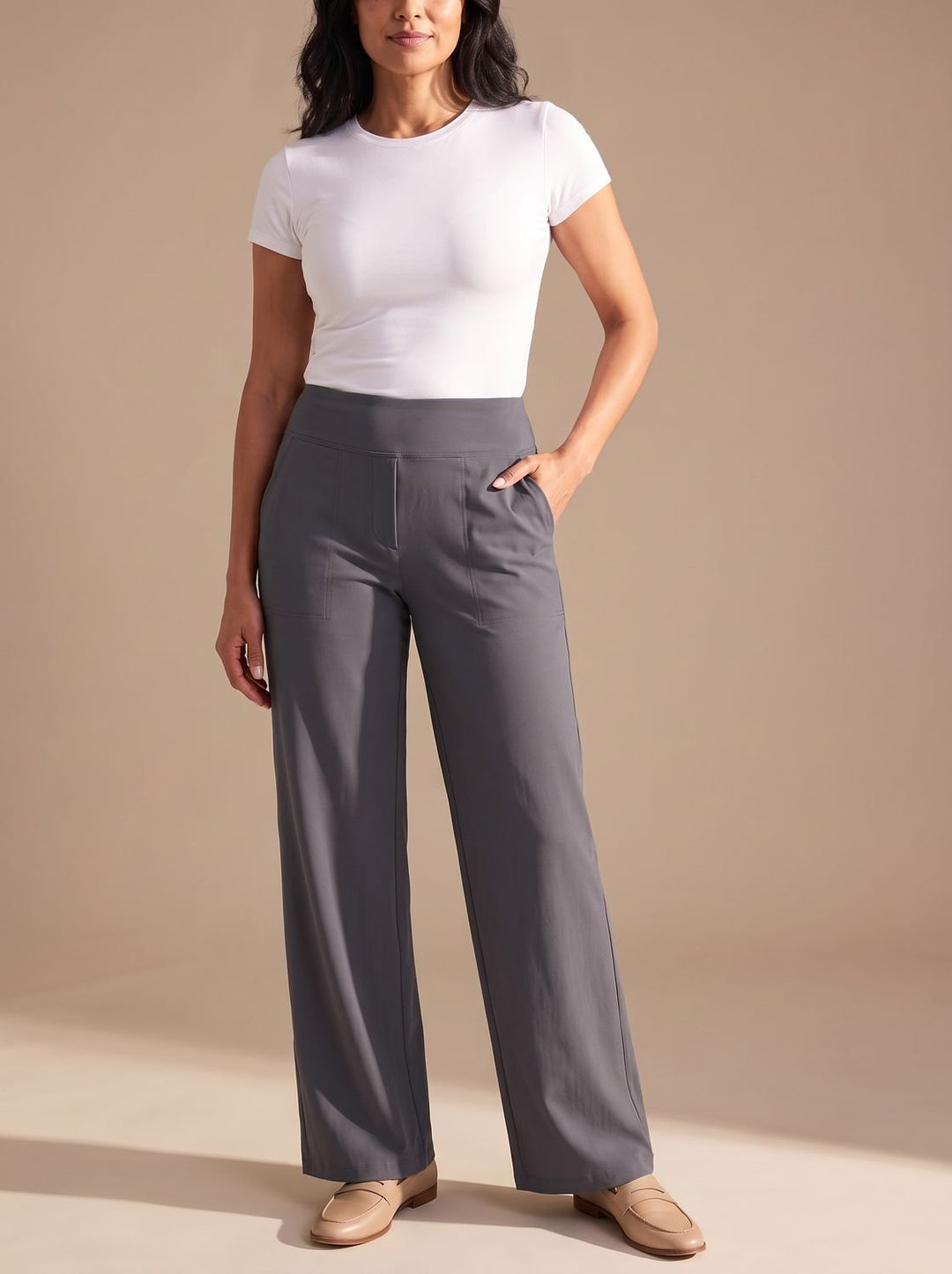 Women's High-Waist Dressy Wide-Leg Trousers with Pockets - Grey