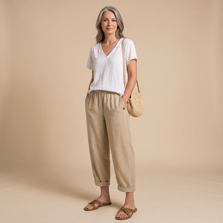 Women's High-Waist Elastic-Waist Relaxed Tapered Linen Pants