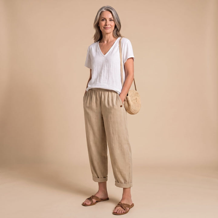 Women's High-Waist Elastic-Waist Relaxed Tapered Linen Pants - Beige