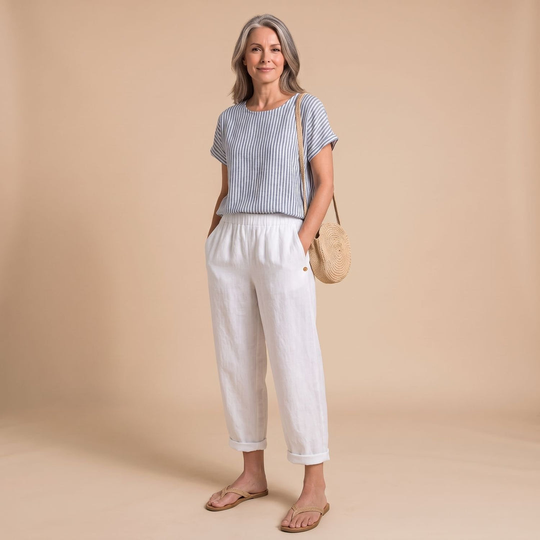 Women's High-Waist Elastic-Waist Relaxed Tapered Linen Pants - White