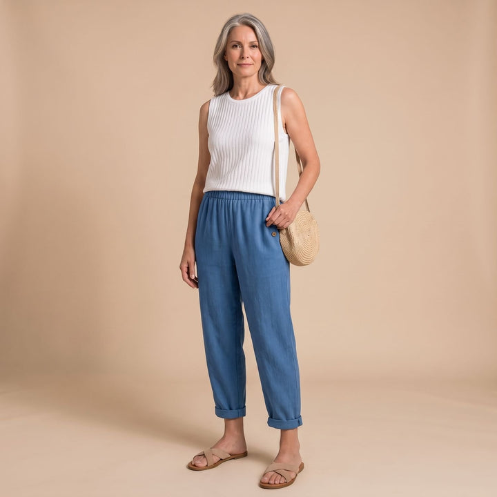 Women's High-Waist Elastic-Waist Relaxed Tapered Linen Pants - Blue