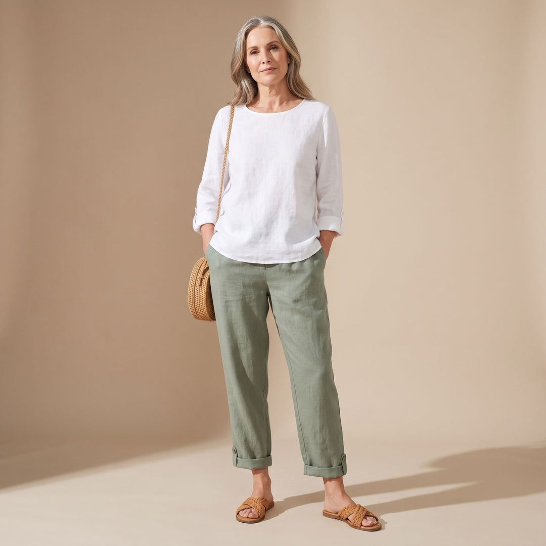 Women's High-Waist Elastic-Waist Relaxed Tapered Linen Pants - Light Green