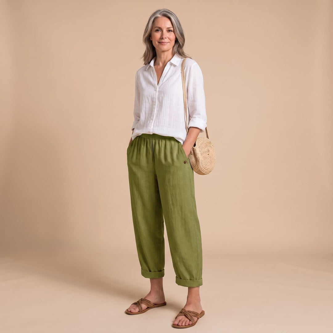 Women's High-Waist Elastic-Waist Relaxed Tapered Linen Pants - Green