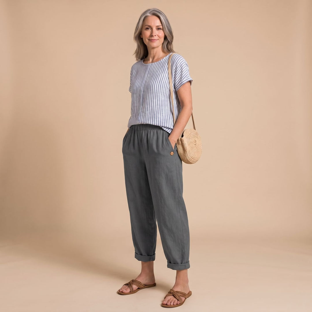 Women's High-Waist Elastic-Waist Relaxed Tapered Linen Pants - Gray