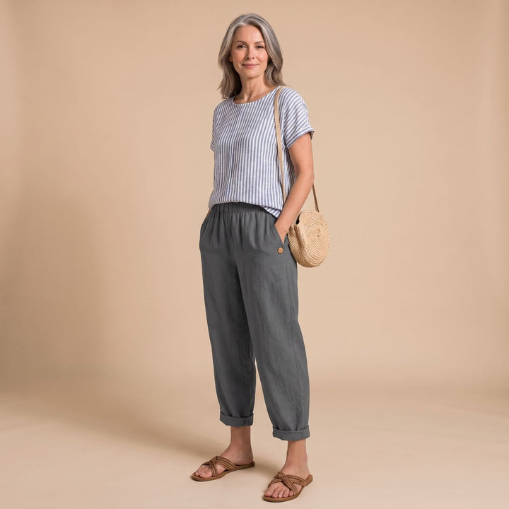 Women's High-Waist Elastic-Waist Relaxed Tapered Linen Pants - Gray