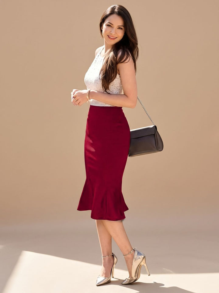 Women's High-Waist Fishtail Midi Skirt Ruffle Hem