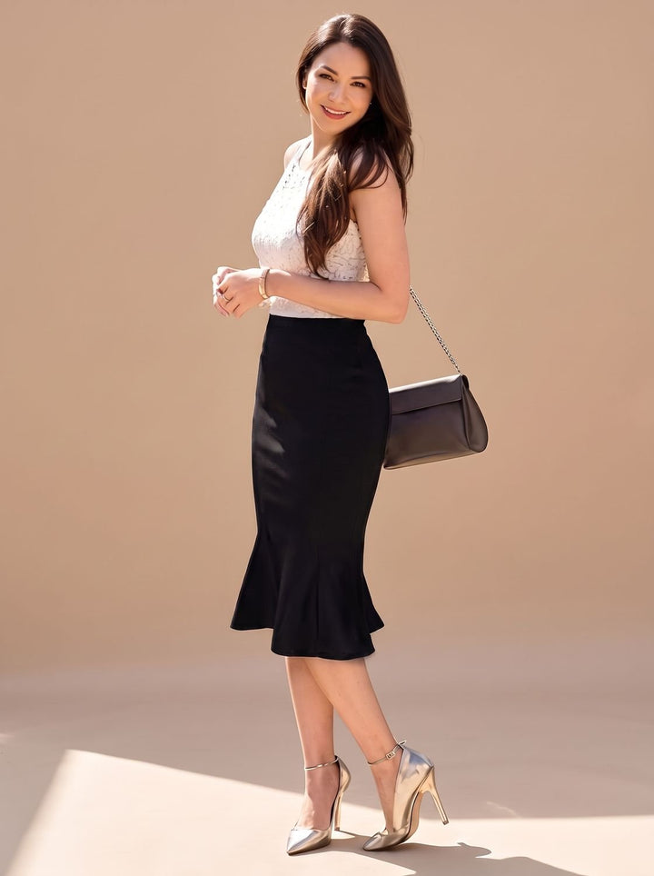 Women's High-Waist Fishtail Midi Skirt Ruffle Hem